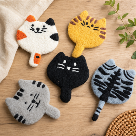 Felt Cat Coasters – Cute Wool Drink Coasters | Set of 5 Cat-Themed Table Protectors