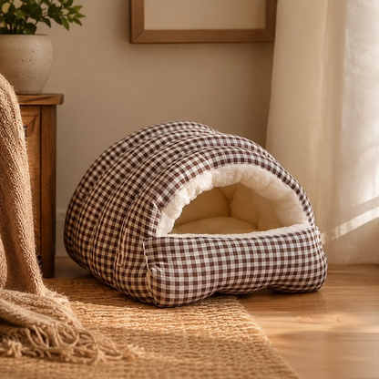 Cozy Plush Cave Pet Bed – Warm Hooded Cat & Small Dog Sleeping Nest