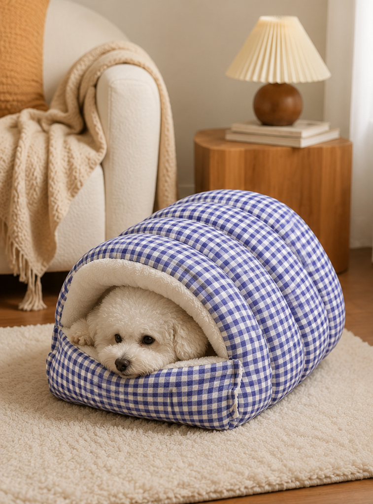Cozy Plush Cave Pet Bed – Warm Hooded Cat & Small Dog Sleeping Nest