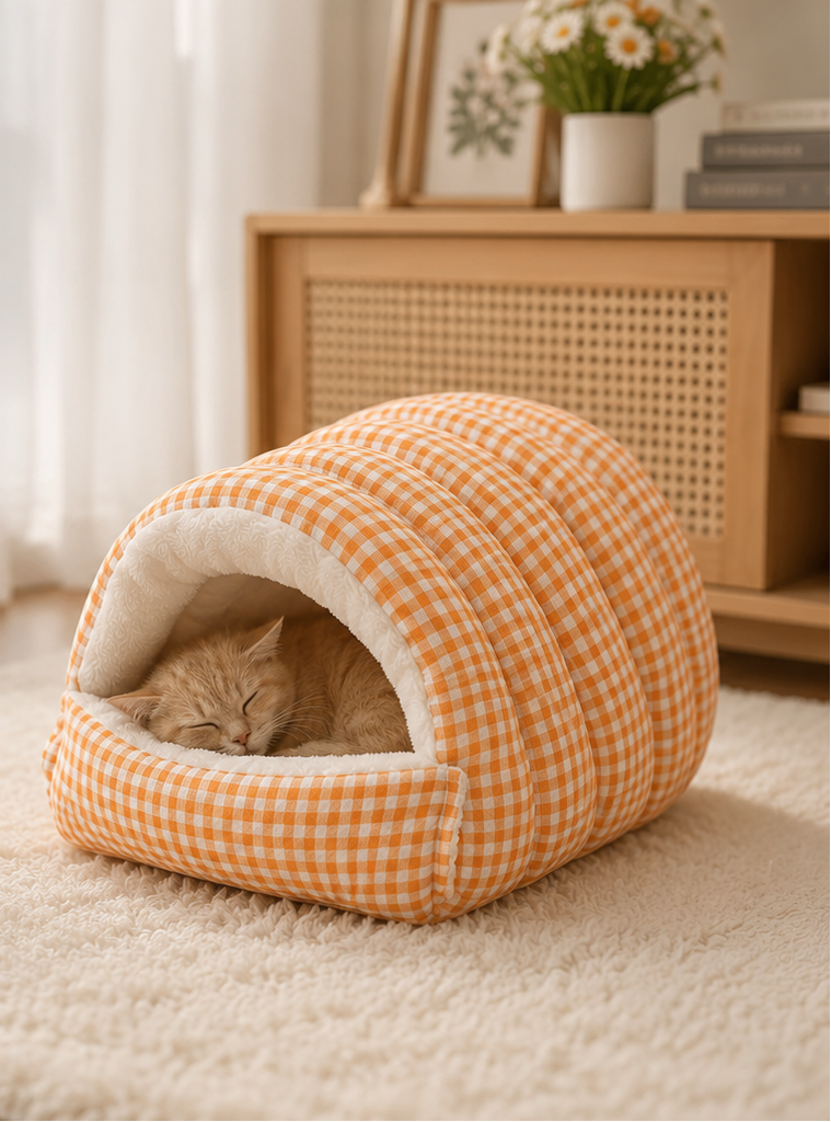 Cozy Plush Cave Pet Bed – Warm Hooded Cat & Small Dog Sleeping Nest