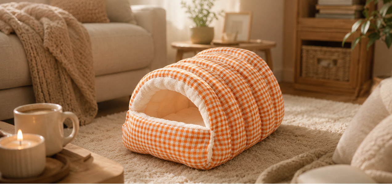Cozy Plush Cave Pet Bed – Warm Hooded Cat & Small Dog Sleeping Nest